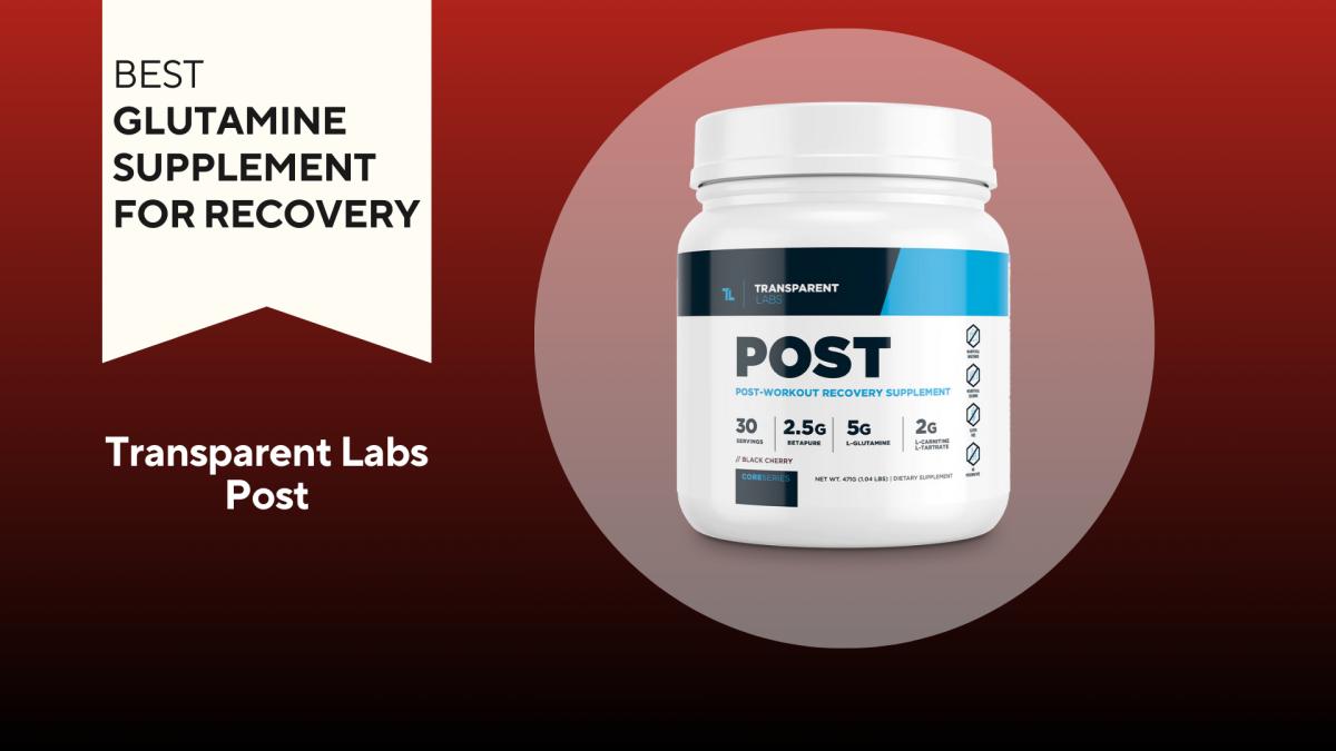 A white container with blue writing on a red background of Transparent Labs Post, our pick for the best glutamine supplement for recovery